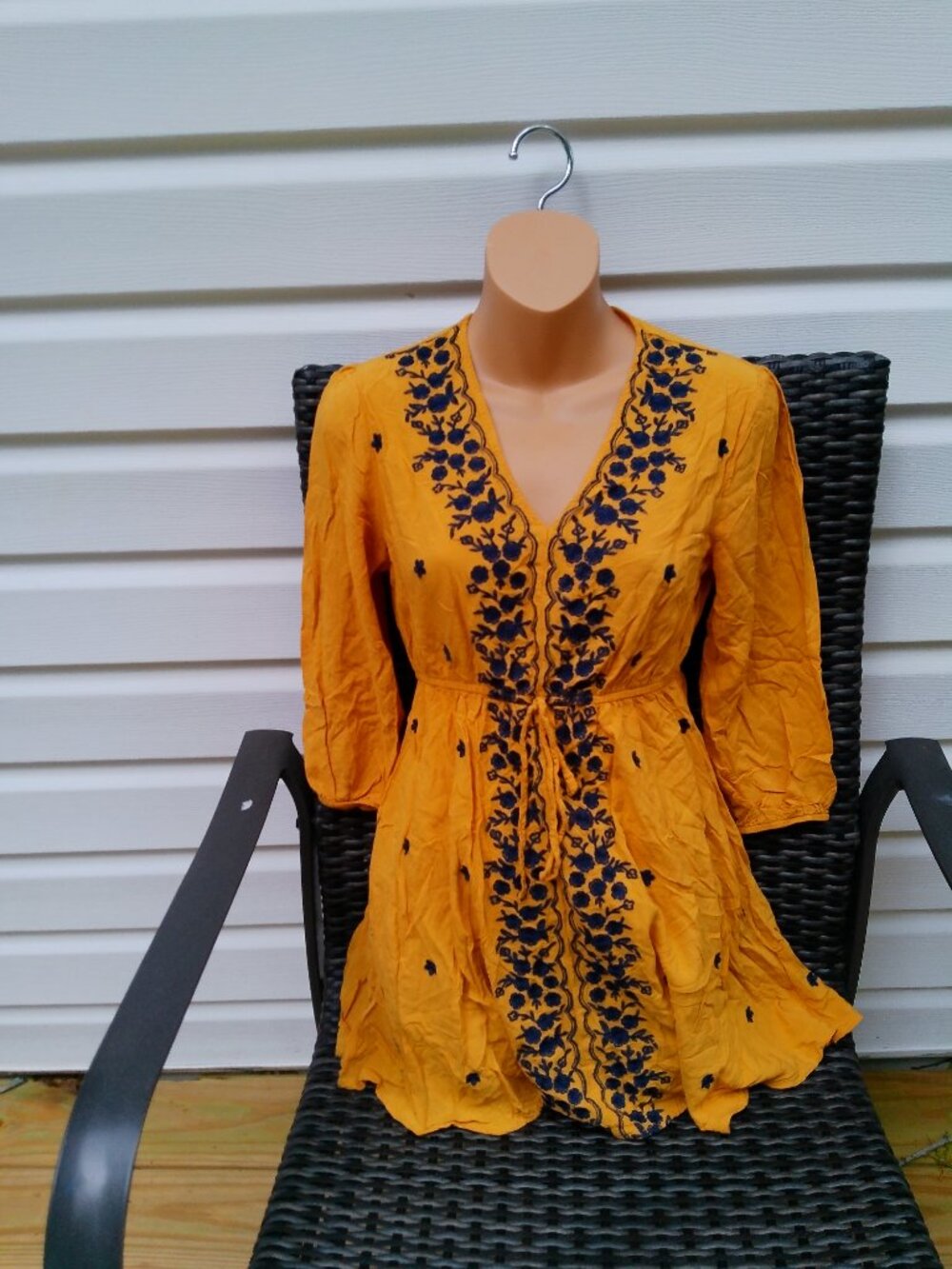 entro Mustard Yellow V neck Navy Blue Floral Embroidered 3/4 Sleeve Tunic